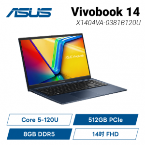 ASUS Vivobook 14 X1404VA-0381B120U 午夜藍 華碩輕薄高效戰鬥筆電/Core 5-120U/8GB DDR5/512G PCIe/14吋 FHD/W11